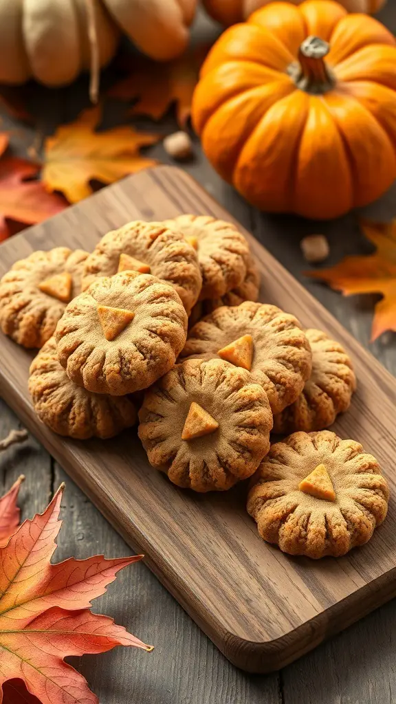 A platter of pumpkin spice cookies shaped like pumpkins, surrounded by autumn leaves and pumpkins.