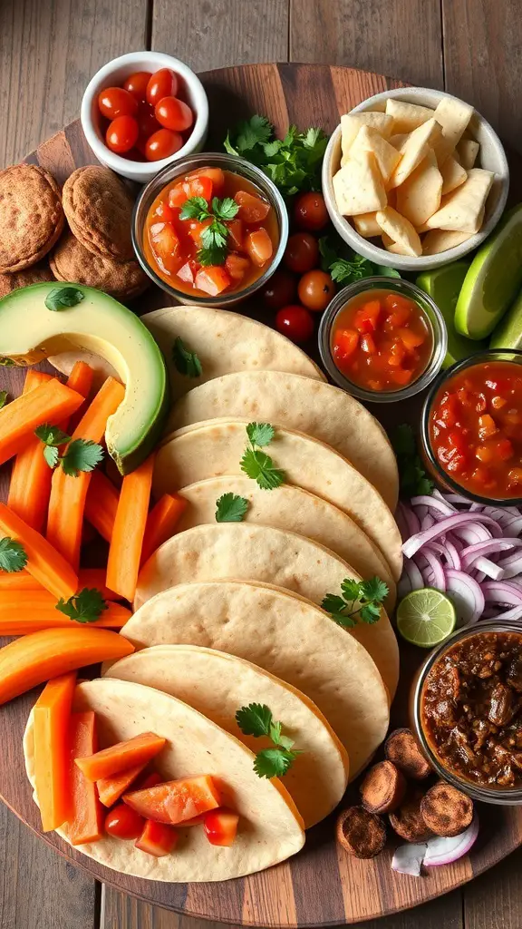 A colorful taco-inspired grazing board with tortillas, fresh vegetables, dips, and garnishes.