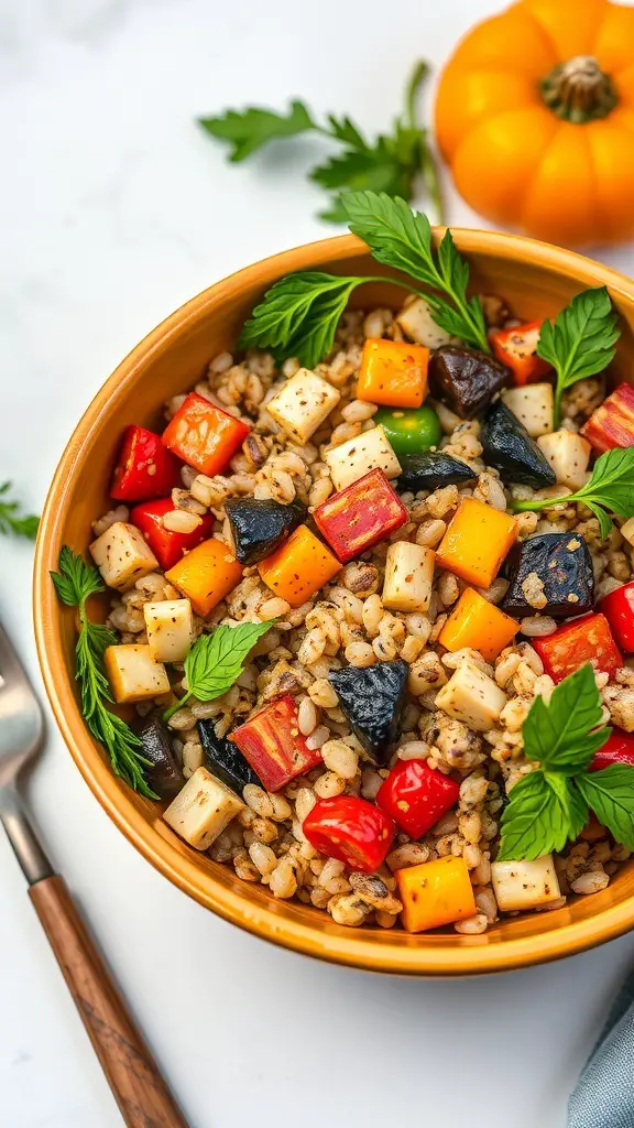 A colorful barley salad with vegetables and fresh herbs in a bowl.