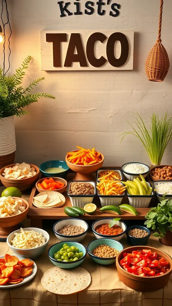 A colorful taco bar setup with various toppings and ingredients for a DIY taco party.