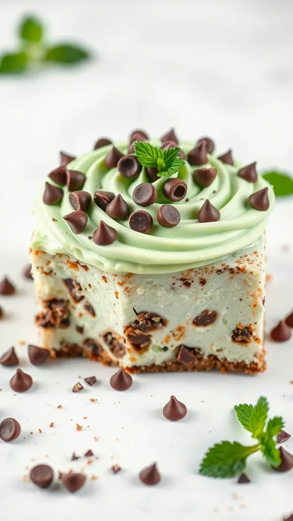 A slice of Mint Chocolate Chip Poke Cake topped with mint frosting and chocolate chips.
