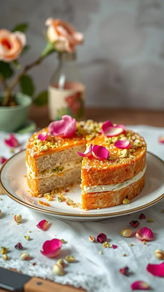 A beautifully decorated Rosewater Pistachio Cake with rose petals and pistachios on top, sitting on a plate with a floral background.