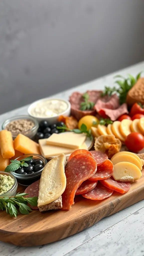 A gourmet deli grazing board featuring various meats, cheeses, fruits, and dips.