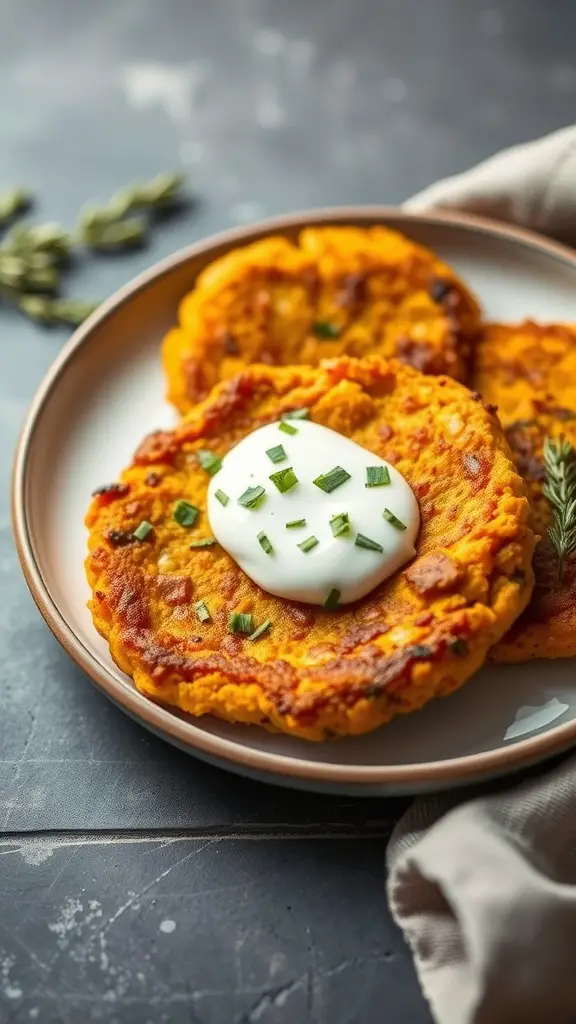 A plate of savory pumpkin and sage fritters topped with sour cream and chives.