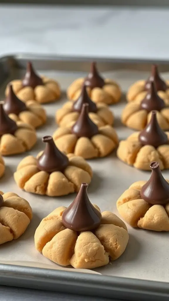 A tray of Peanut Butter Blossom Cookies topped with chocolate kisses.
