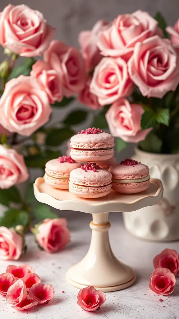 A beautiful display of Raspberry Rose Macarons surrounded by pink roses.