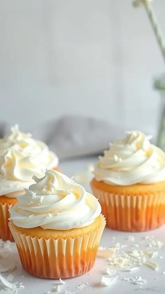 Three coconut cream cupcakes with swirled frosting and shredded coconut on top.