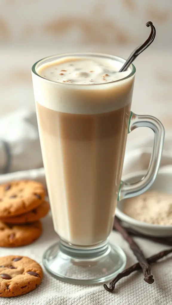 A glass of hot vanilla bean drink with whipped cream, a vanilla bean stick, and chocolate chip cookies on the side.