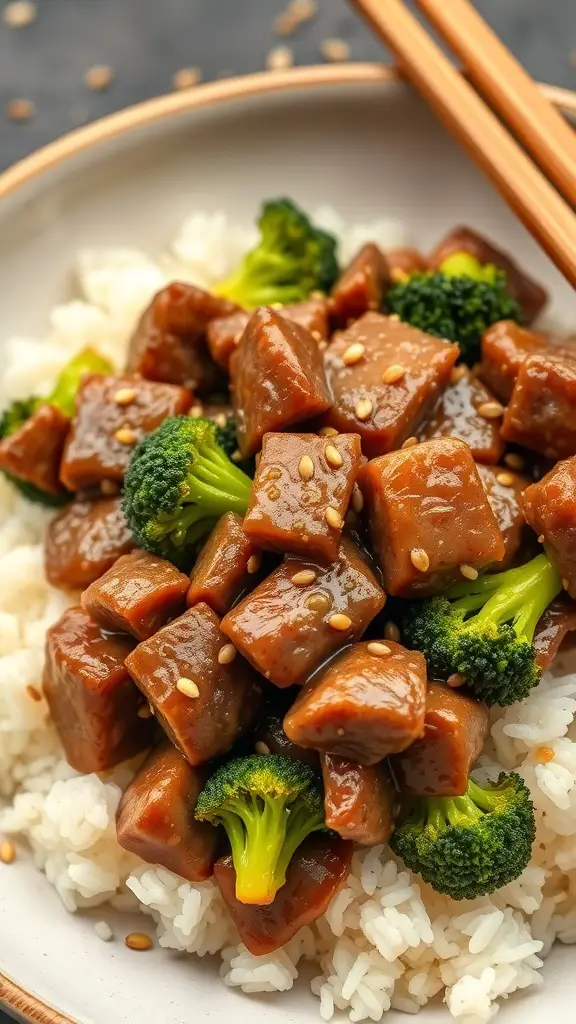A bowl of beef and broccoli stir-fry served over rice with chopsticks.