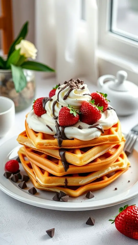 A stack of chocolate-covered strawberry waffles topped with whipped cream and fresh strawberries.
