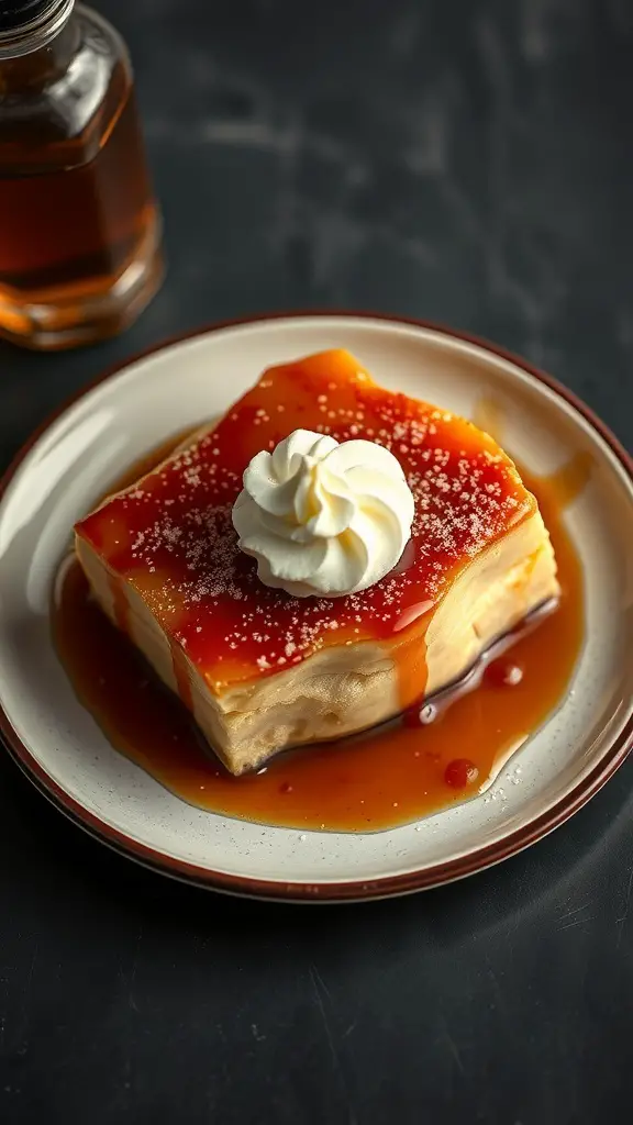A slice of Baba au Rhum topped with whipped cream and a rum glaze