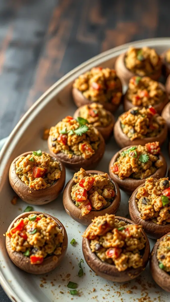 A platter of stuffed mushroom caps filled with a savory mixture.