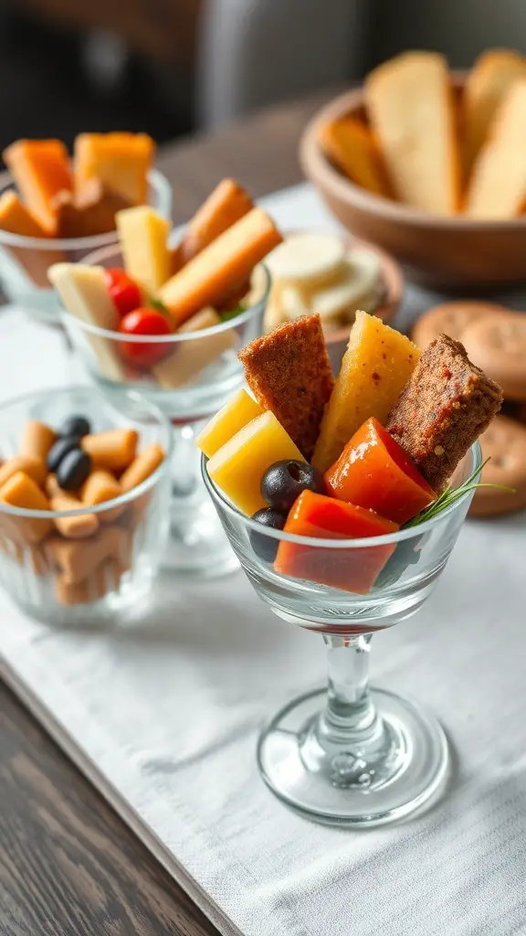 Mini charcuterie cups filled with cheese, vegetables, and snacks