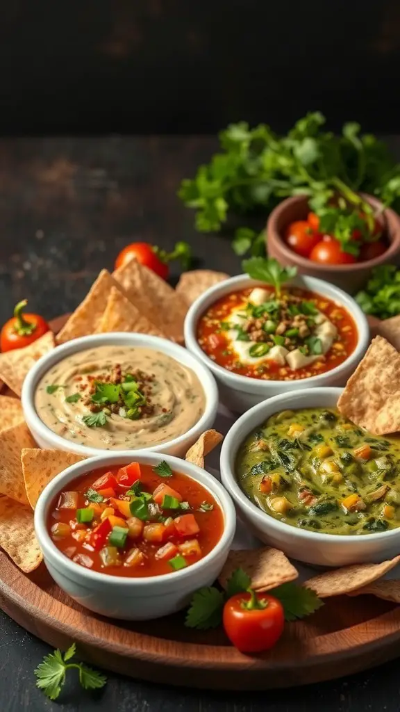 A variety of four dips served in bowls with tortilla chips, showcasing vibrant colors and textures.