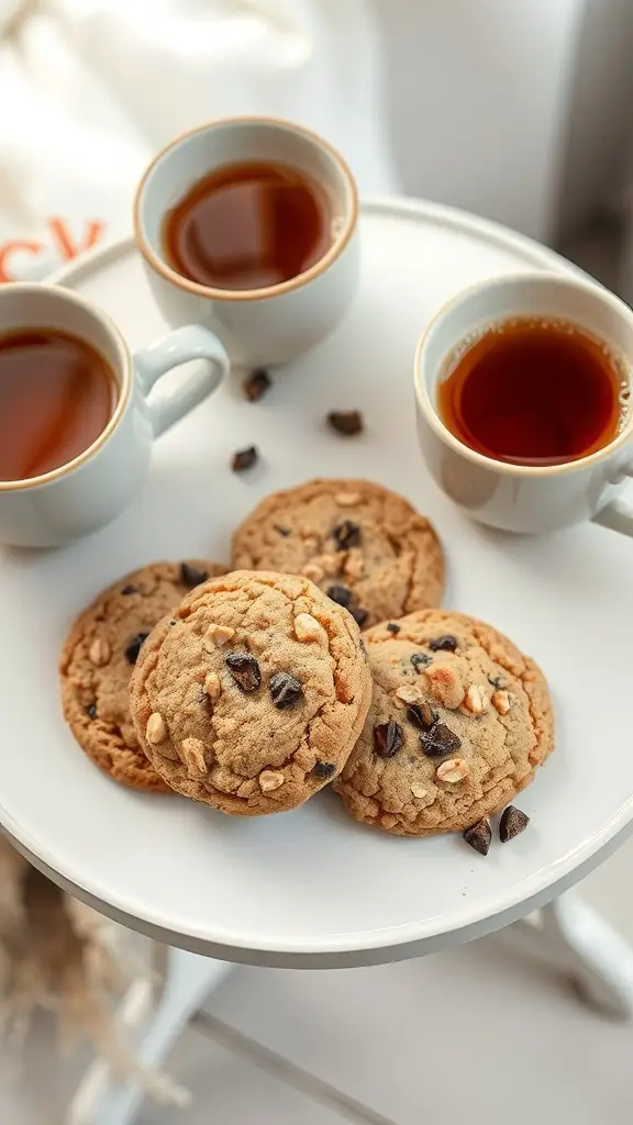 A plate of oatmeal raisin cookies with three cups of tea on a white table.