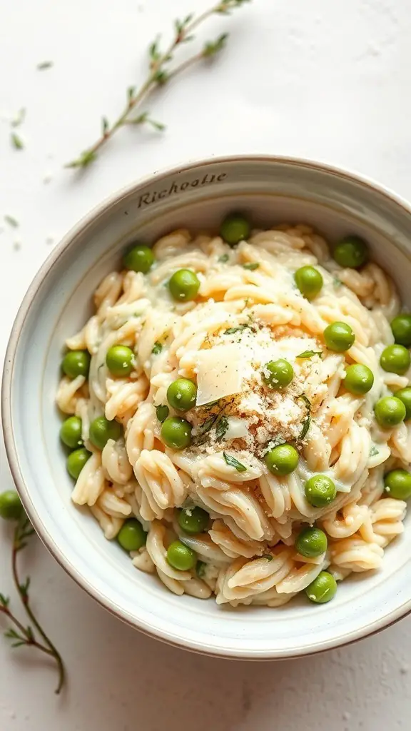 A bowl of creamy herb-infused risotto with green peas, garnished with herbs and cheese.