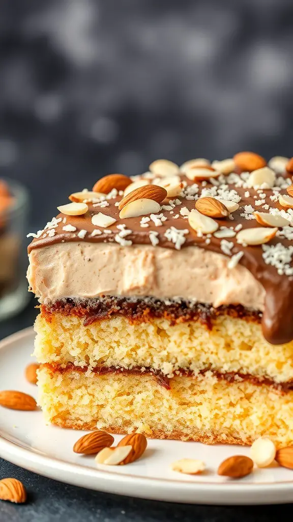 A slice of Almond Joy Cake with chocolate frosting and almonds on top.