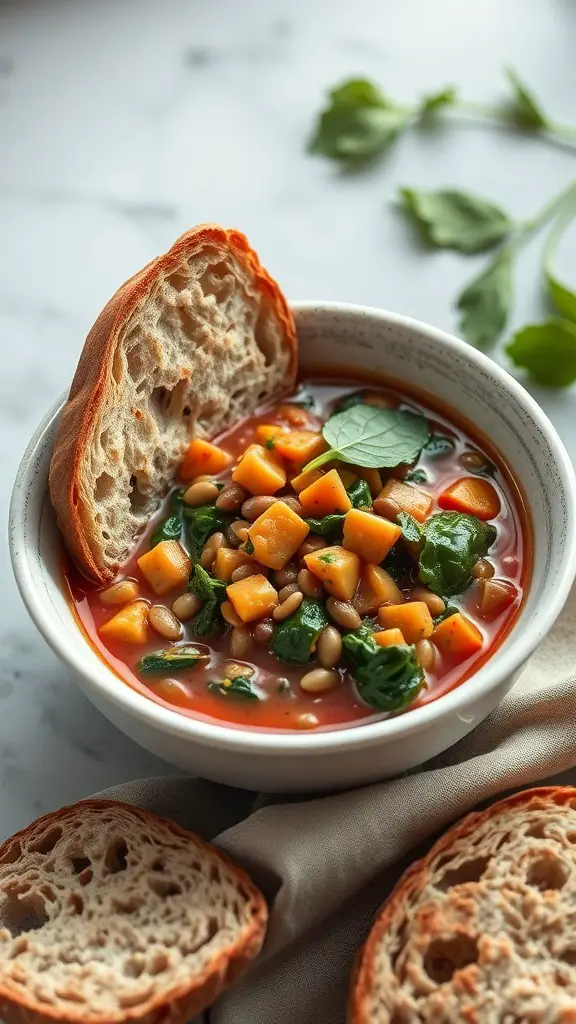 A bowl of lentil and spinach stew with bread on the side.