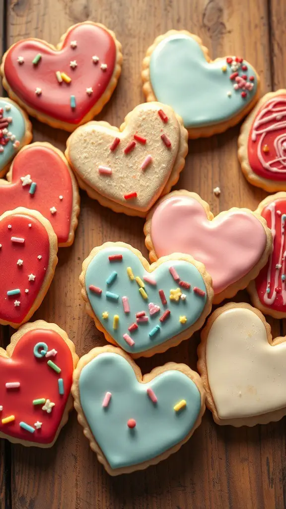 A variety of heart-shaped sugar cookies decorated with colorful icing and sprinkles.