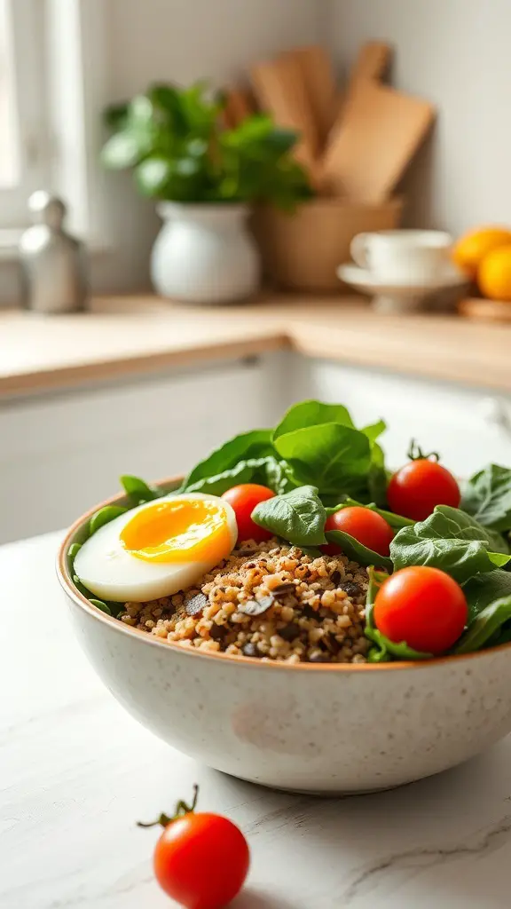 A quinoa breakfast bowl with spinach, cherry tomatoes, and a soft-boiled egg.