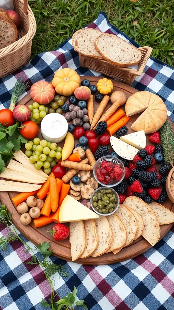 A colorful grazing board featuring fresh fruits, vegetables, cheeses, and breads arranged on a picnic blanket.
