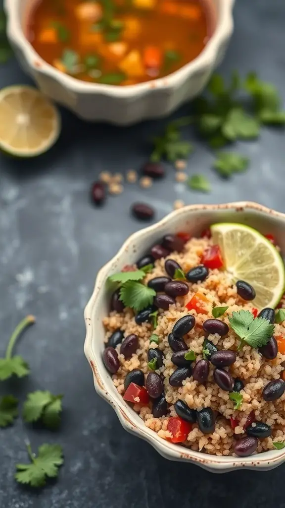 A bowl of quinoa and black bean salad with lime and cilantro, alongside a bowl of soup.