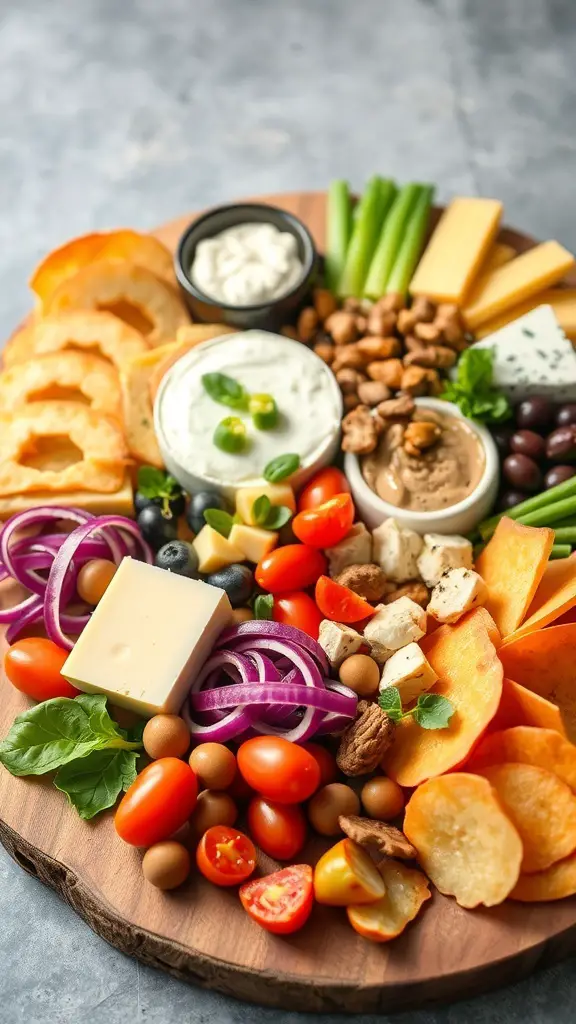 A colorful vegan charcuterie board featuring fresh vegetables, fruits, nuts, and dips.