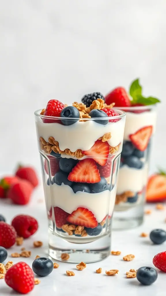 Two fruit and yogurt parfaits in glasses, layered with yogurt, berries, and granola, surrounded by fresh berries on a marble surface.