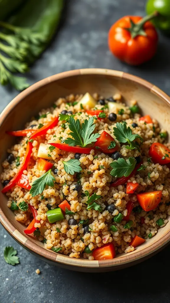 A bowl of colorful quinoa and vegetable stir-fry with fresh herbs on top.