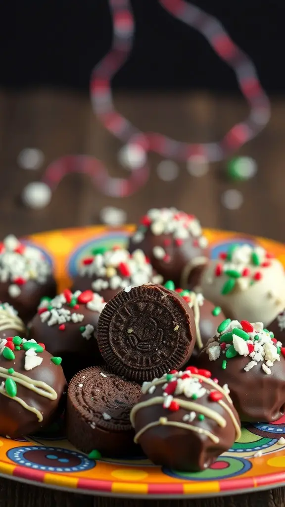 A colorful plate filled with no-bake Oreo truffles decorated with festive sprinkles.