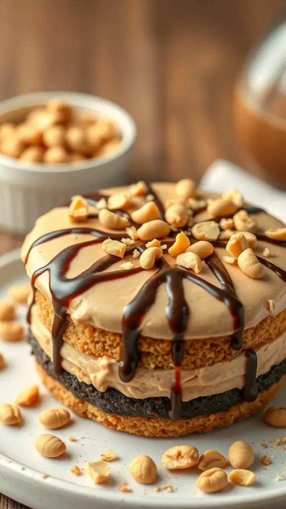 Peanut Butter Chocolate Dream Bento Cake with peanuts and chocolate drizzle