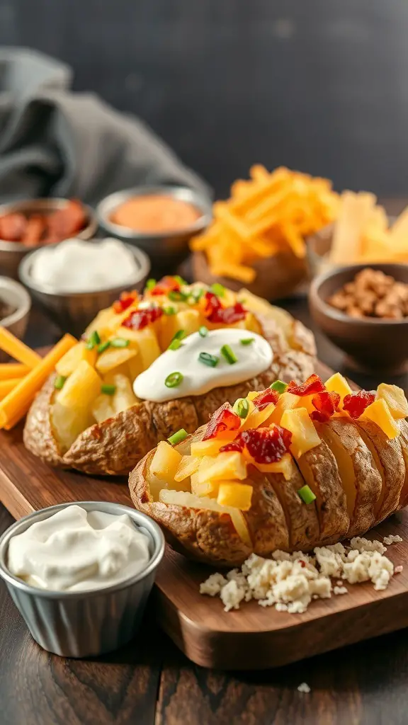 A delicious baked potato bar with toppings like cheese, sour cream, and bacon bits.