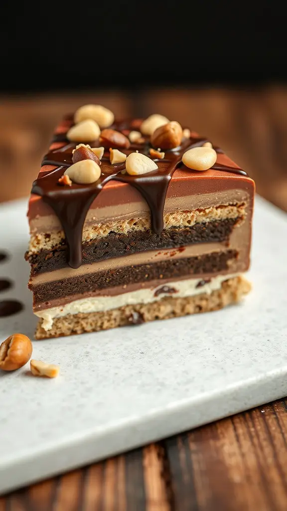 A bento cake with layers of chocolate and hazelnut, topped with nuts and chocolate drizzle.