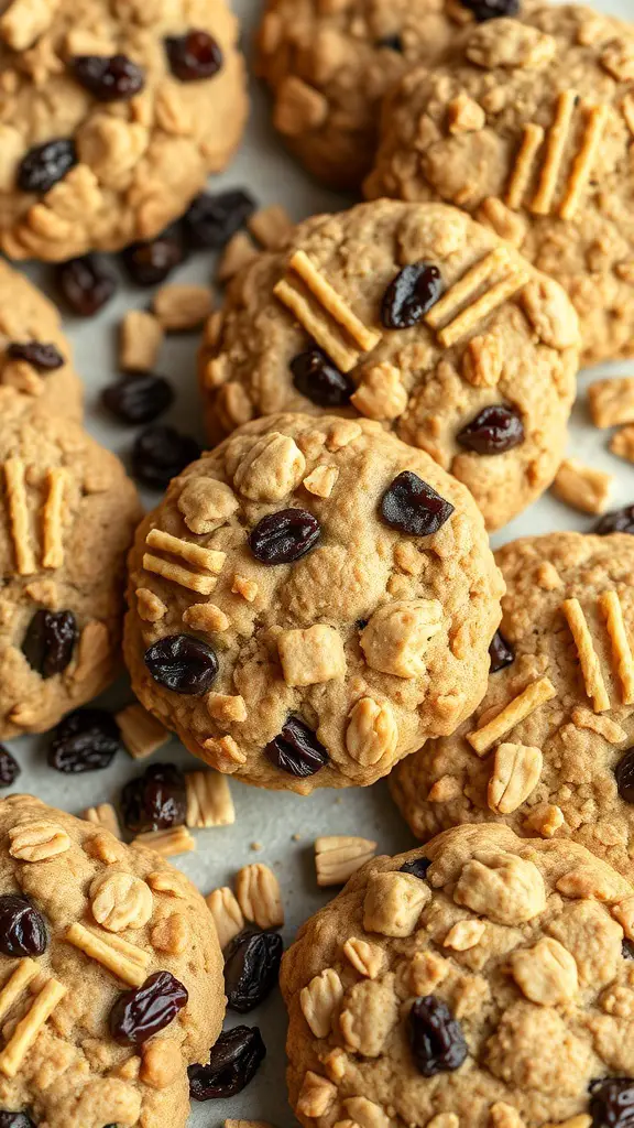 A close-up of oatmeal raisin cookies with oats and raisins