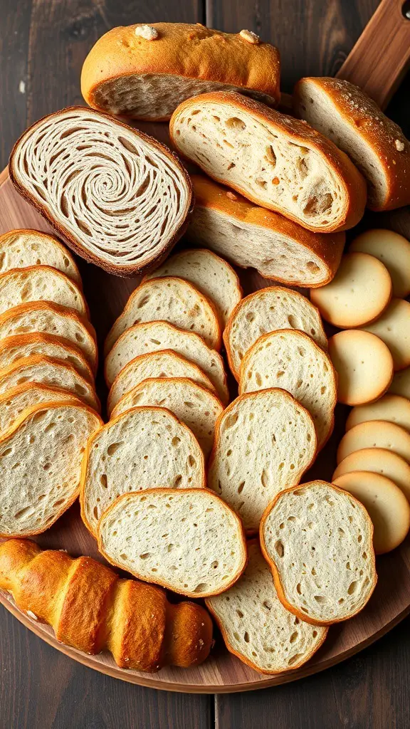 A variety of breads and crackers arranged on a wooden platter.