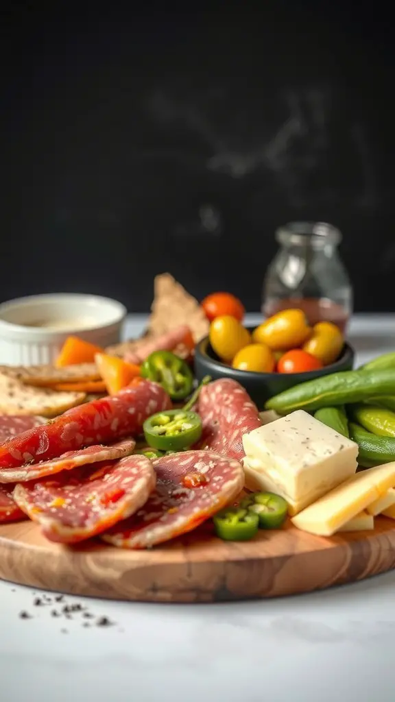 A charcuterie board featuring spicy meats, cheeses, jalapeños, cherry tomatoes, and crackers.