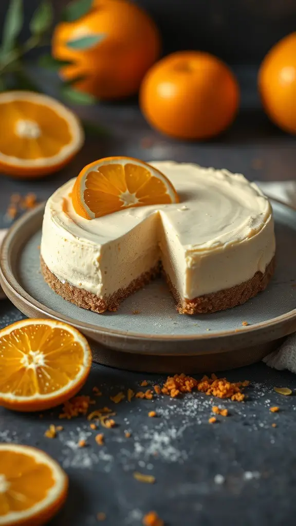 Orange Creamsicle Cheesecake with a slice cut out, garnished with an orange slice, surrounded by fresh oranges.