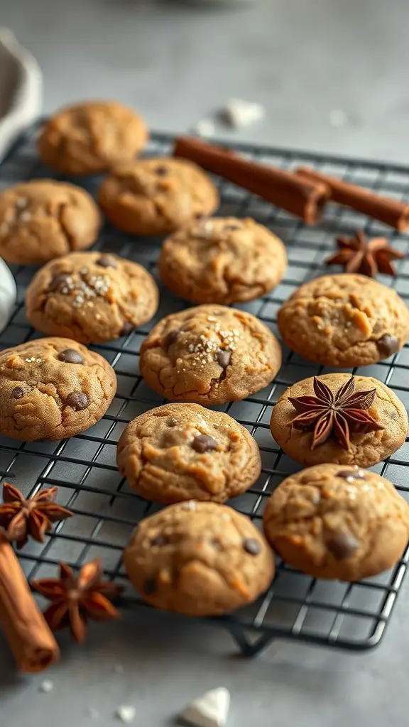 A batch of spiced molasses cookies cooling on a wire rack, with cinnamon sticks and star anise beside them.