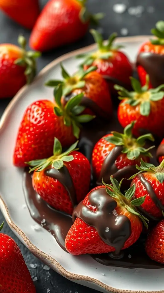 A plate of chocolate-covered strawberries, showcasing their vibrant red color and glossy chocolate coating.