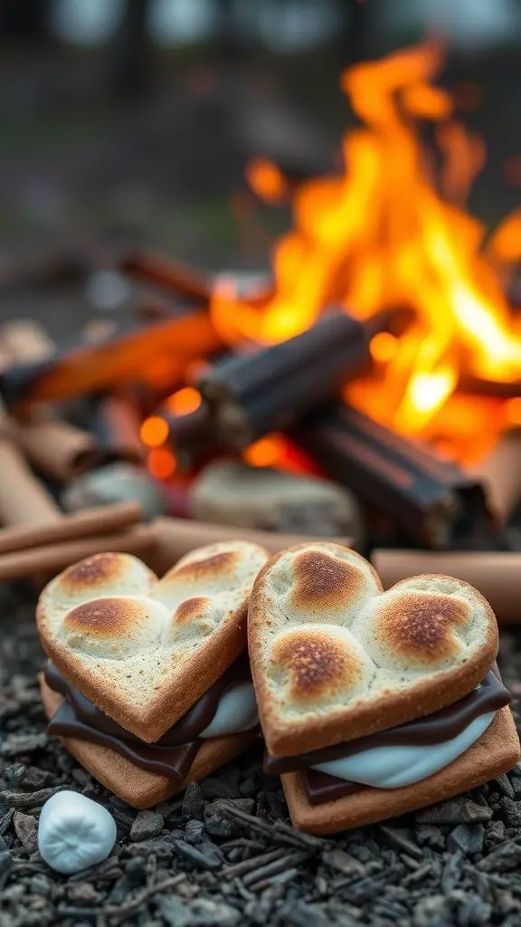 Heart-shaped s'mores with toasted marshmallows and chocolate near a campfire