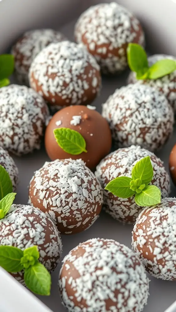 A box of chocolate mint truffles coated in shredded coconut and garnished with mint leaves.