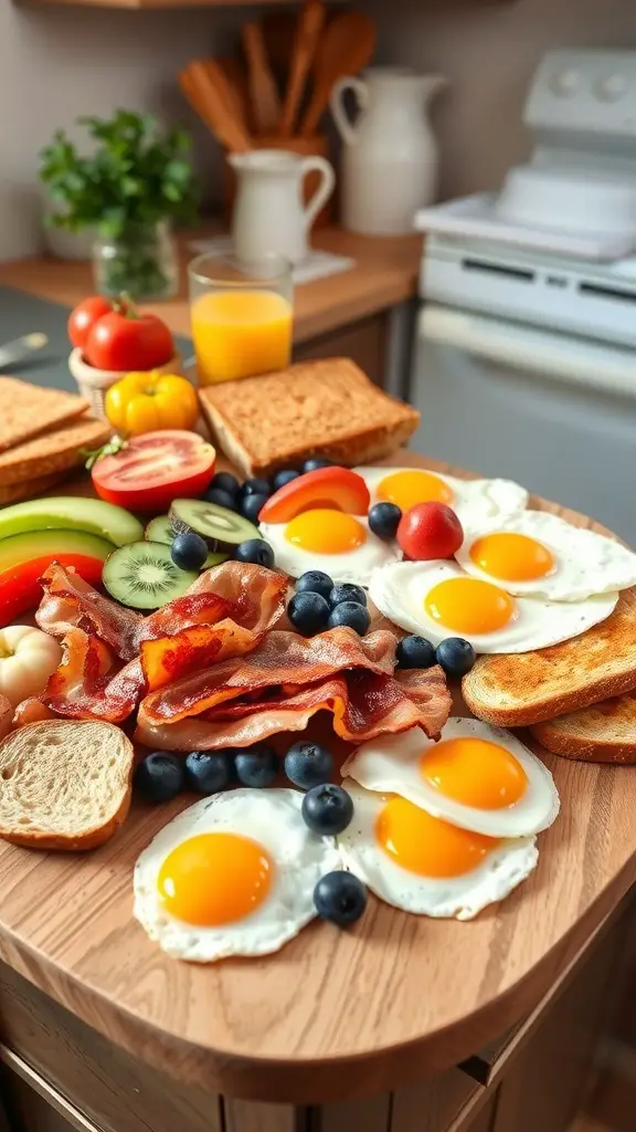 A wooden breakfast grazing board featuring eggs, bacon, toast, and fresh fruits.