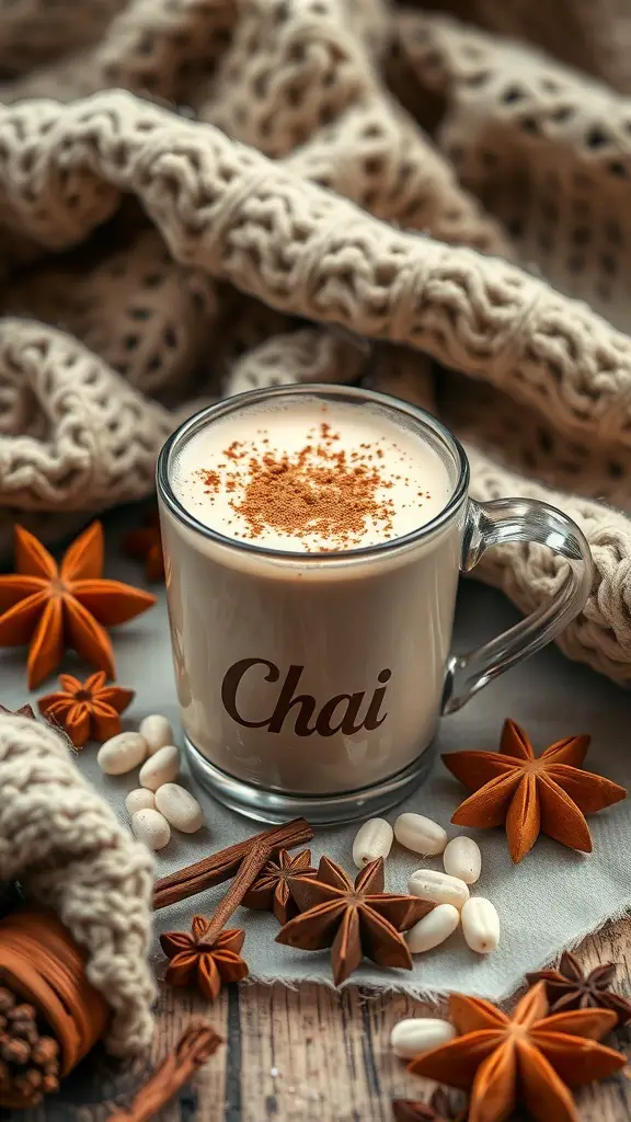 A cozy chai tea latte in a glass mug with spices and a knitted blanket.