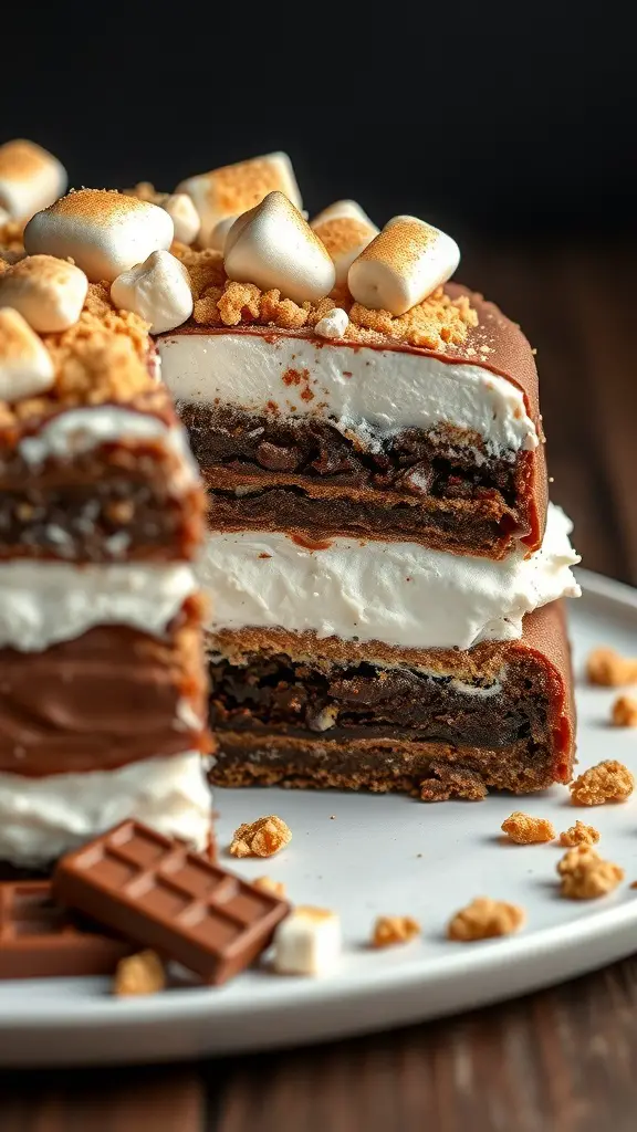 A close-up of a sliced S'mores Poke Cake, showcasing layers of chocolate cake, whipped cream, and topped with marshmallows and graham cracker crumbs.
