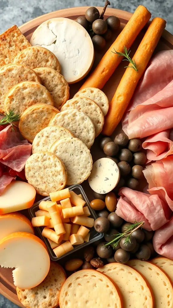 A selection of gourmet crackers and breads arranged on a charcuterie board.