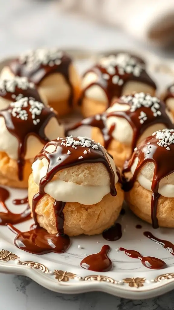 Plate of profiteroles topped with chocolate sauce and sprinkles