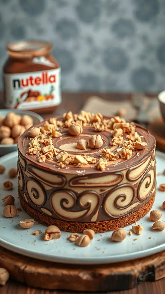 A beautifully decorated Nutella swirl cake topped with hazelnuts, with a jar of Nutella in the background.