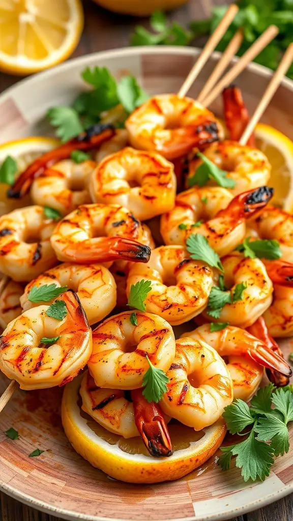 Grilled shrimp skewers garnished with herbs and lemon slices