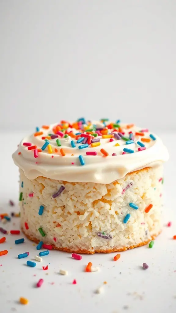 A classic vanilla poke cake topped with white frosting and colorful sprinkles.