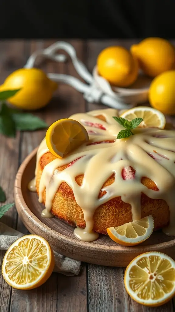 Lemon Zest Cake with Citrus Glaze topped with lemon slices and mint leaves